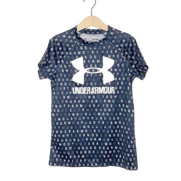 Under Armour Blue Gray White Spellout Logo Short Sleeve Athletic Tee Medium - Picture 1 of 7